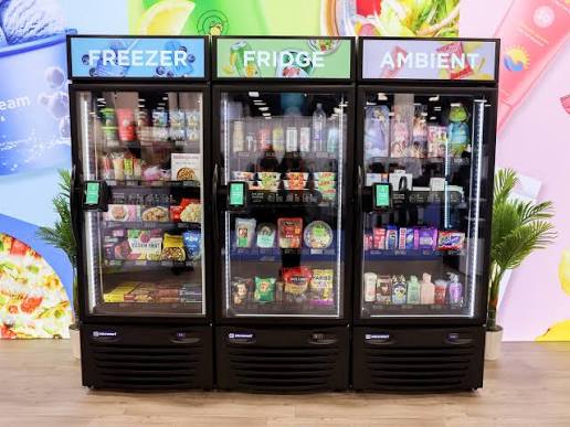 Freezer, fridge, and ambient vending coolers side by side