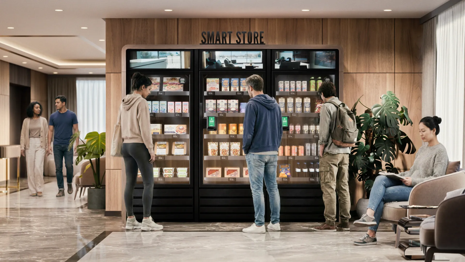 Residents buying from a smart store in an apartment lobby